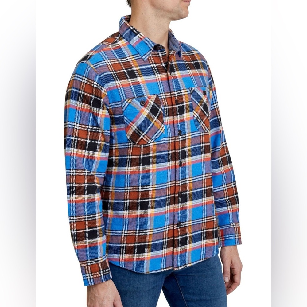 Lands’ End Men's Blue and‎ Brown Plaid Shirt Button Up